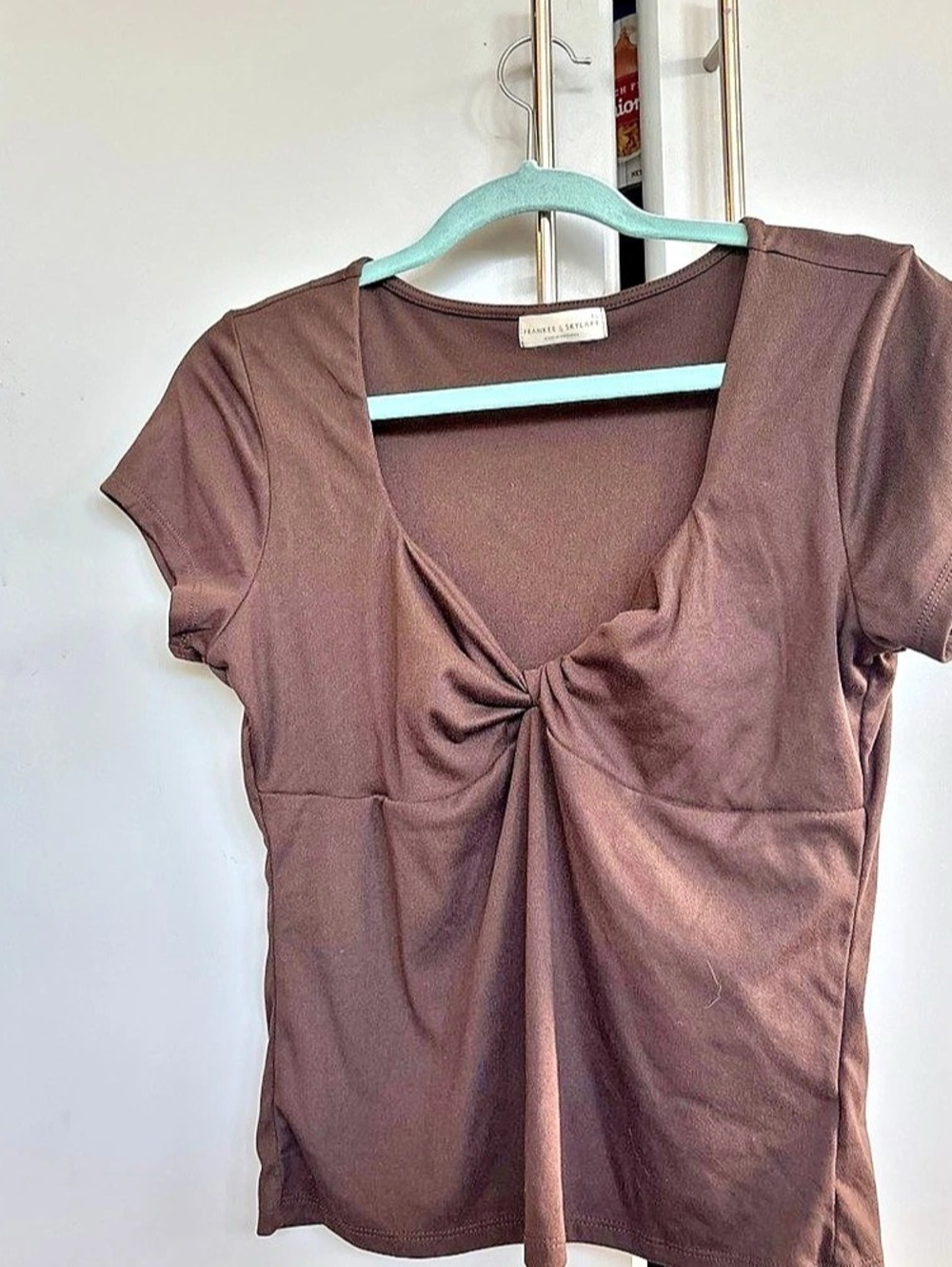 Frankee & Skylarr Twist Front Short Sleeve Top in Brown
